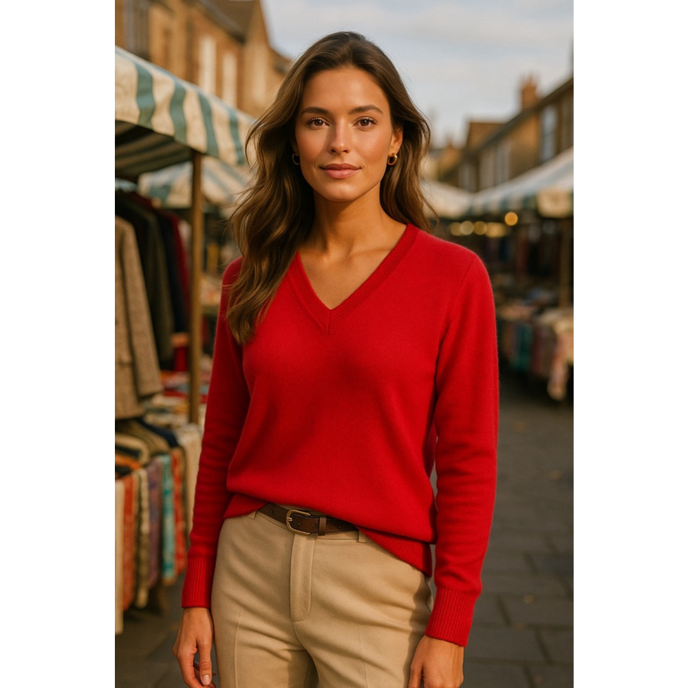Alan Paine Red Cashmere Sweater V Neck Quiet Luxury Valentine’s Festive M Classy